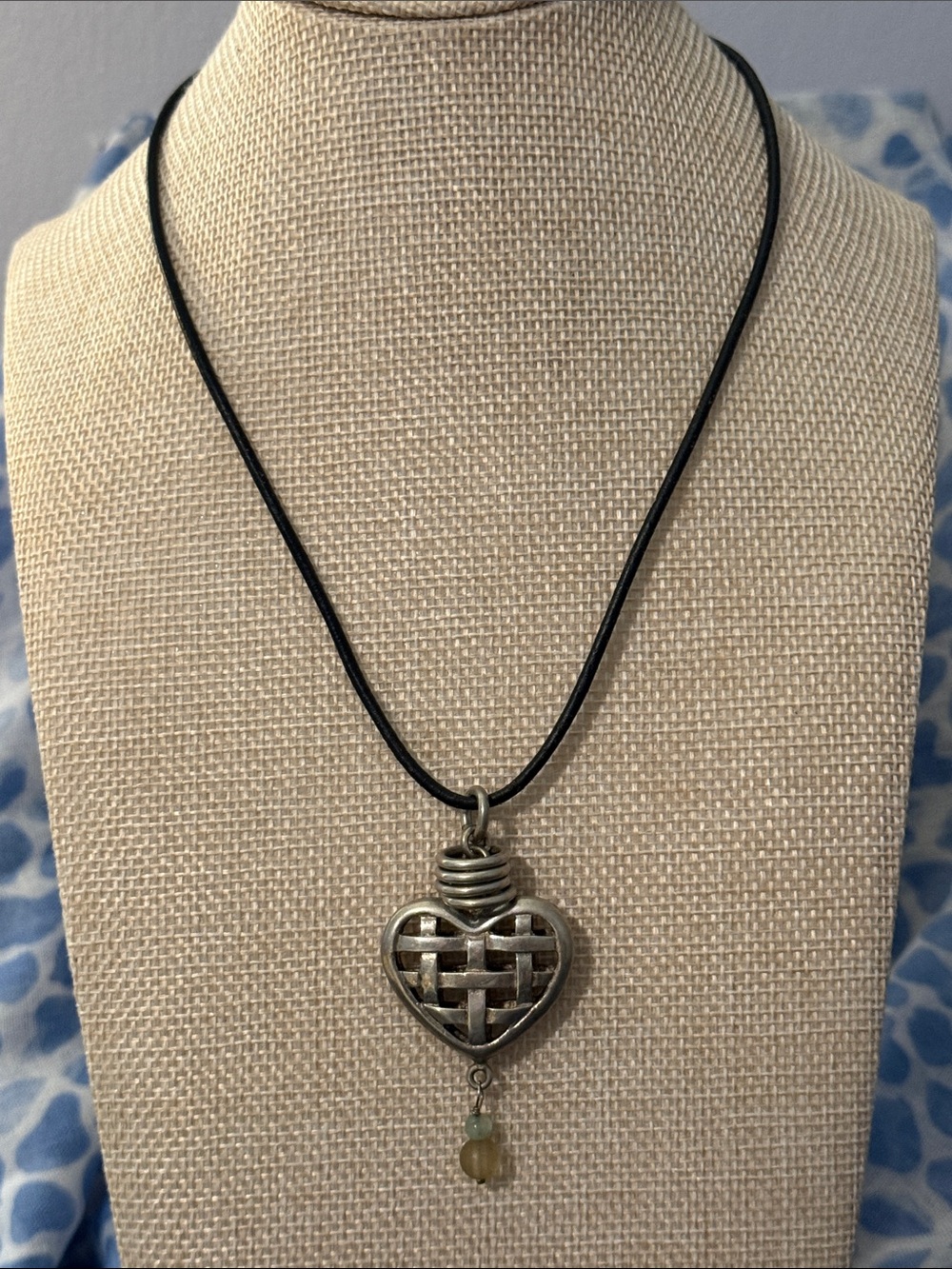 Woven Heart Pendant Necklace on Black Cord - Silver Tone